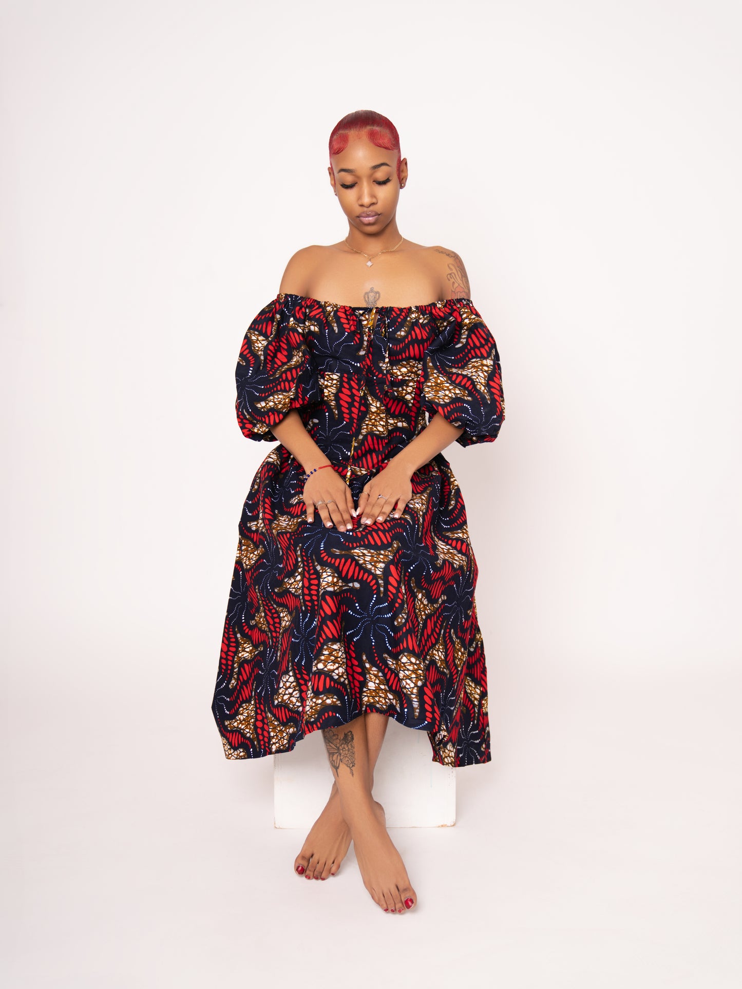 Sade Ankara Print Midi Dress - Red Brown Black