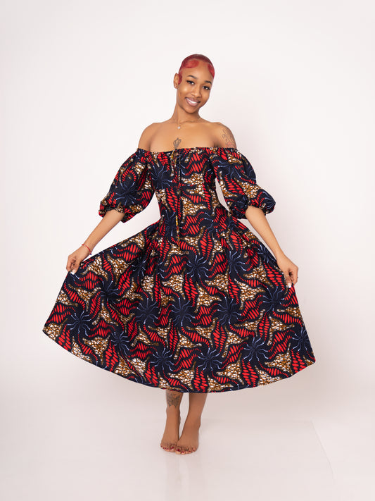 Sade Ankara Print Midi Dress - Red Brown Black