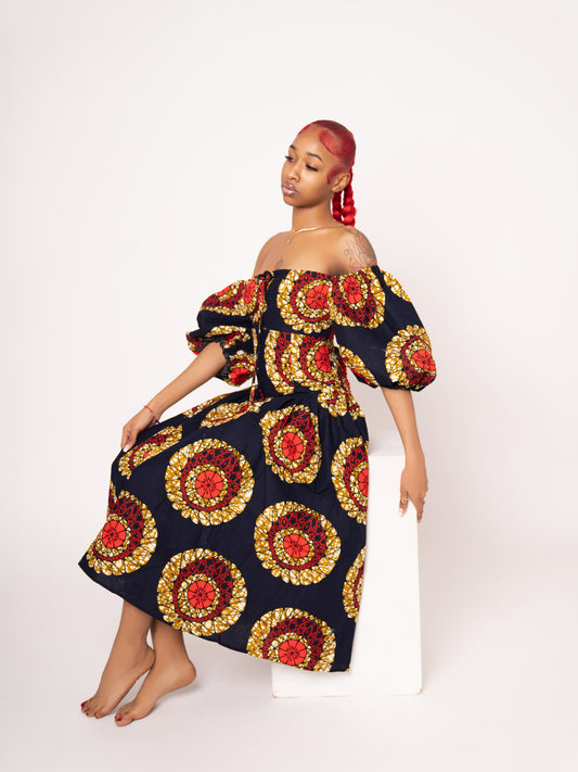 Sade Ankara Print Midi Dress - Black Gold Red