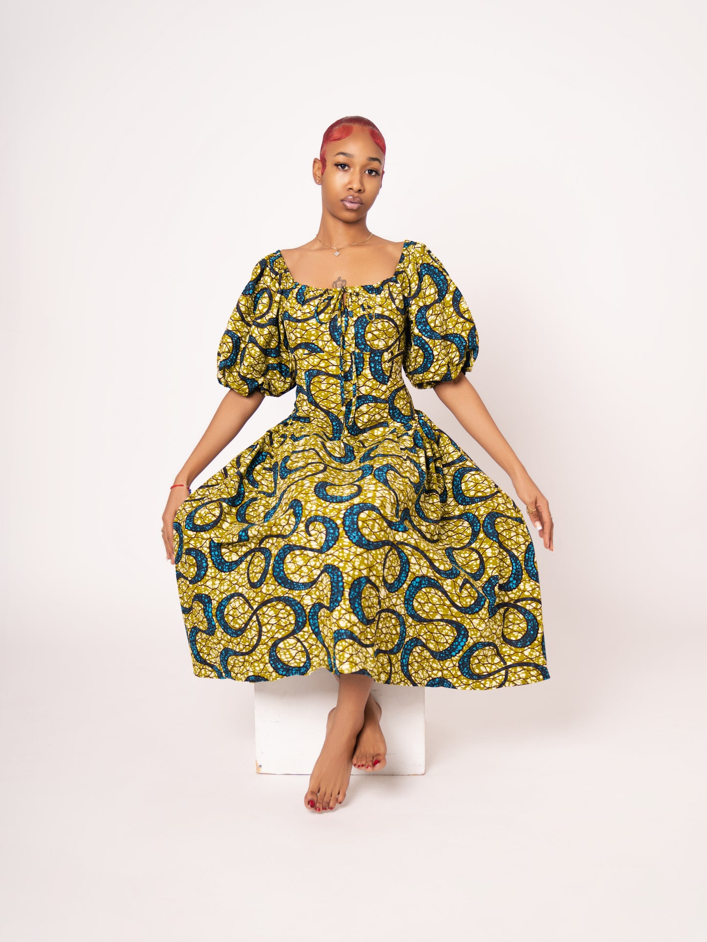 Sade Ankara Print Midi Dress - Yellow Green