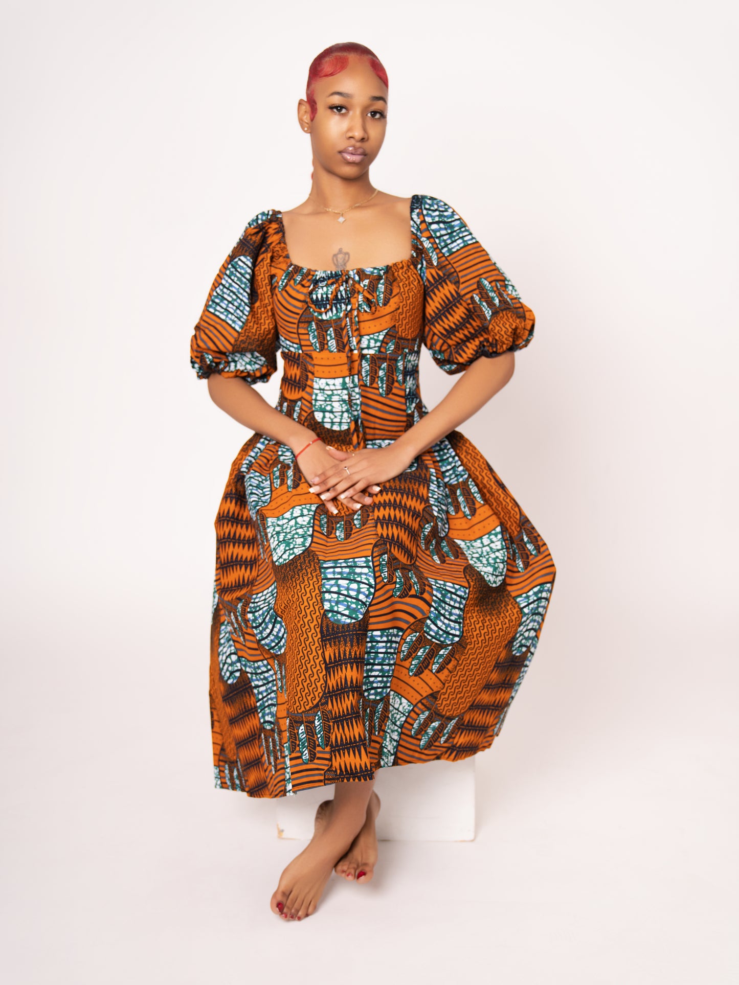 Sade Ankara Print Midi Dress - Brown Light Blue