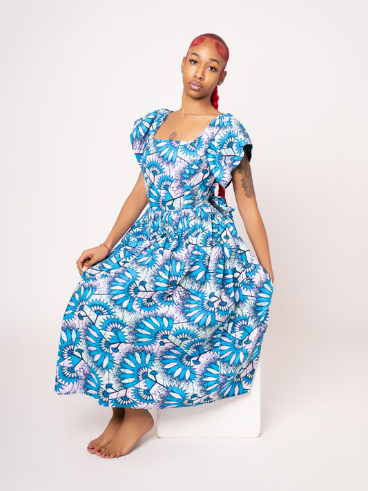 Amara Ankara Print Midi Dress - Light Blue