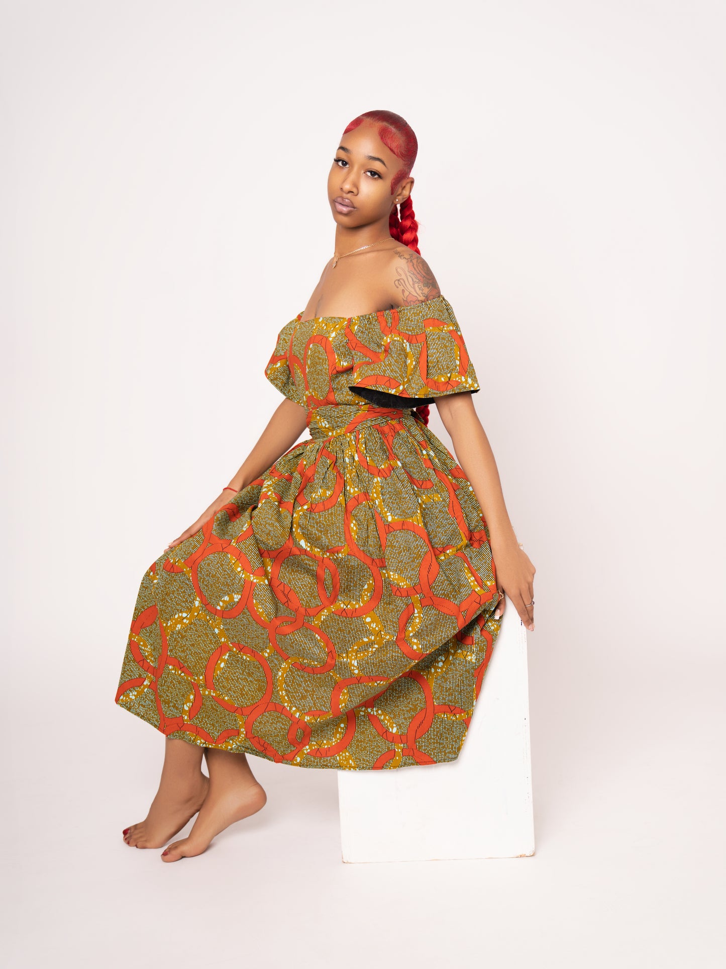 Amara Ankara Print Midi Dress - Orange Gold
