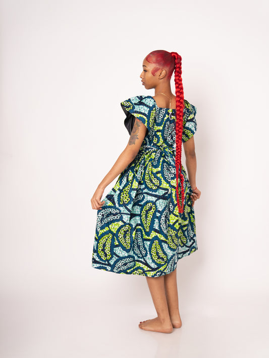 Amara Ankara Print Midi Dress - Teal Green