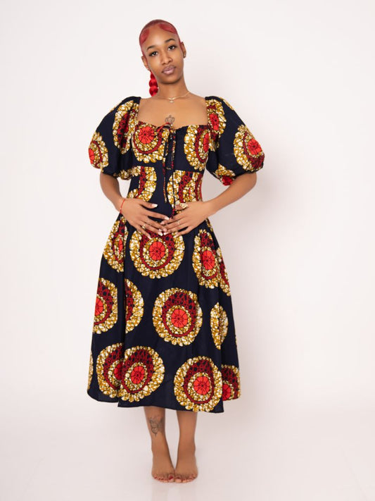 Sade Ankara Print Midi Dress - Black Gold Red
