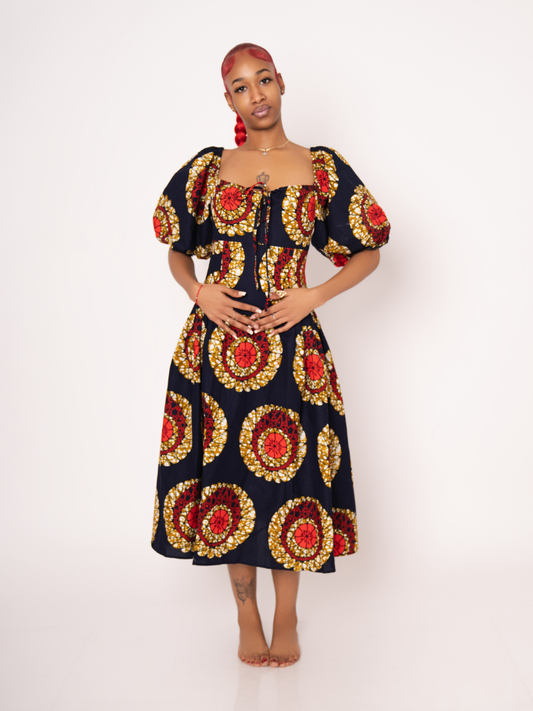 Sade Ankara Print Midi Dress - Black Gold Red