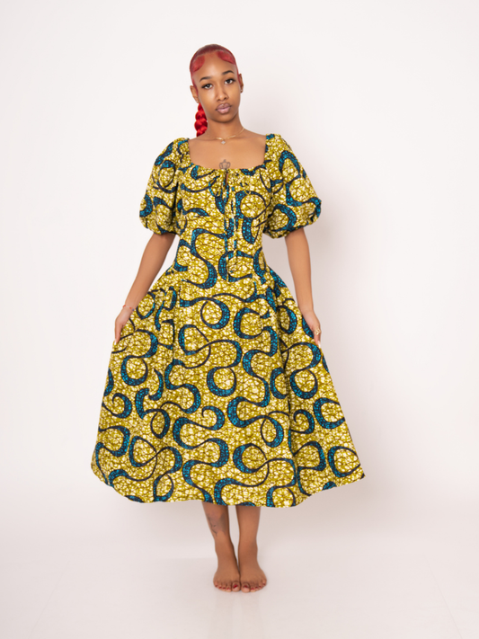 Sade Ankara Print Midi Dress - Yellow Green