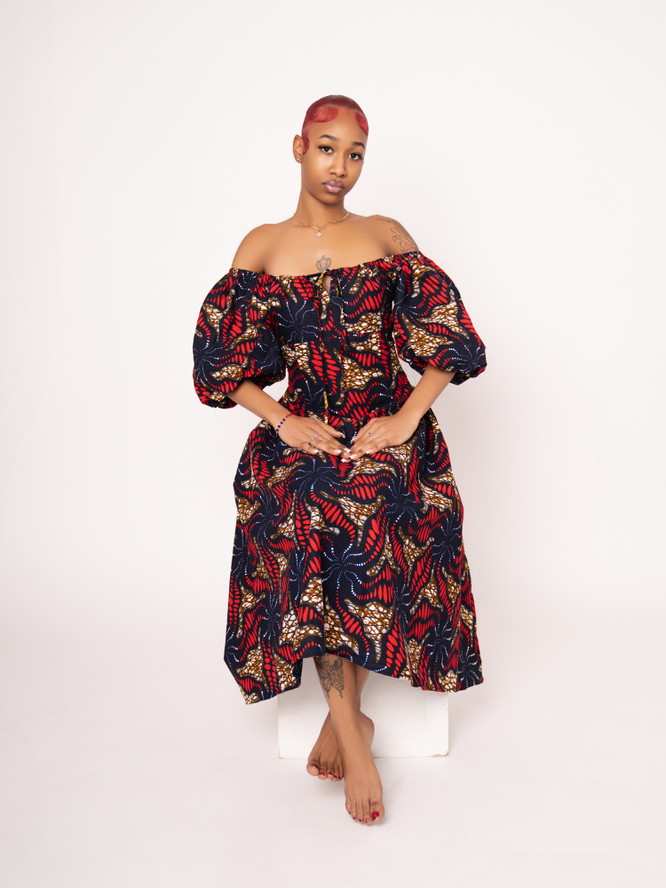 Sade Ankara Print Midi Dress - Red Brown Black