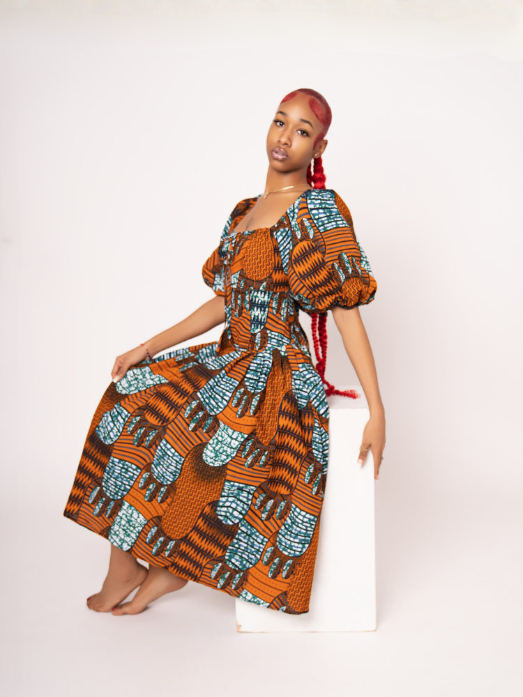 Sade Ankara Print Midi Dress - Brown Light Blue
