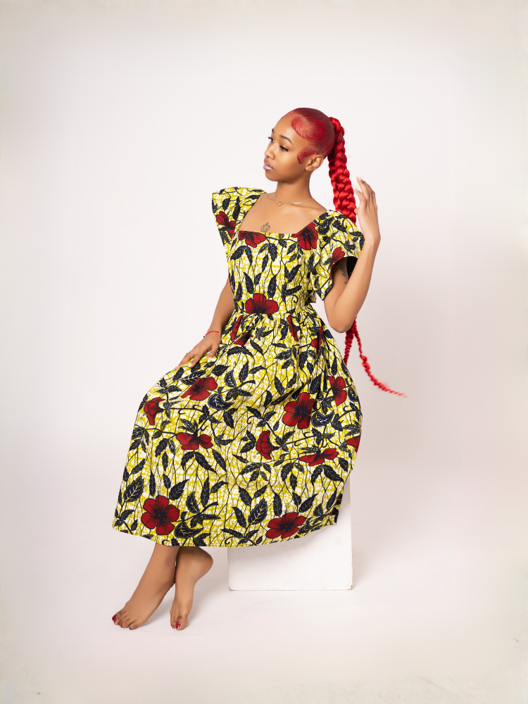 Amara Ankara Print Midi Dress - Yellow Red