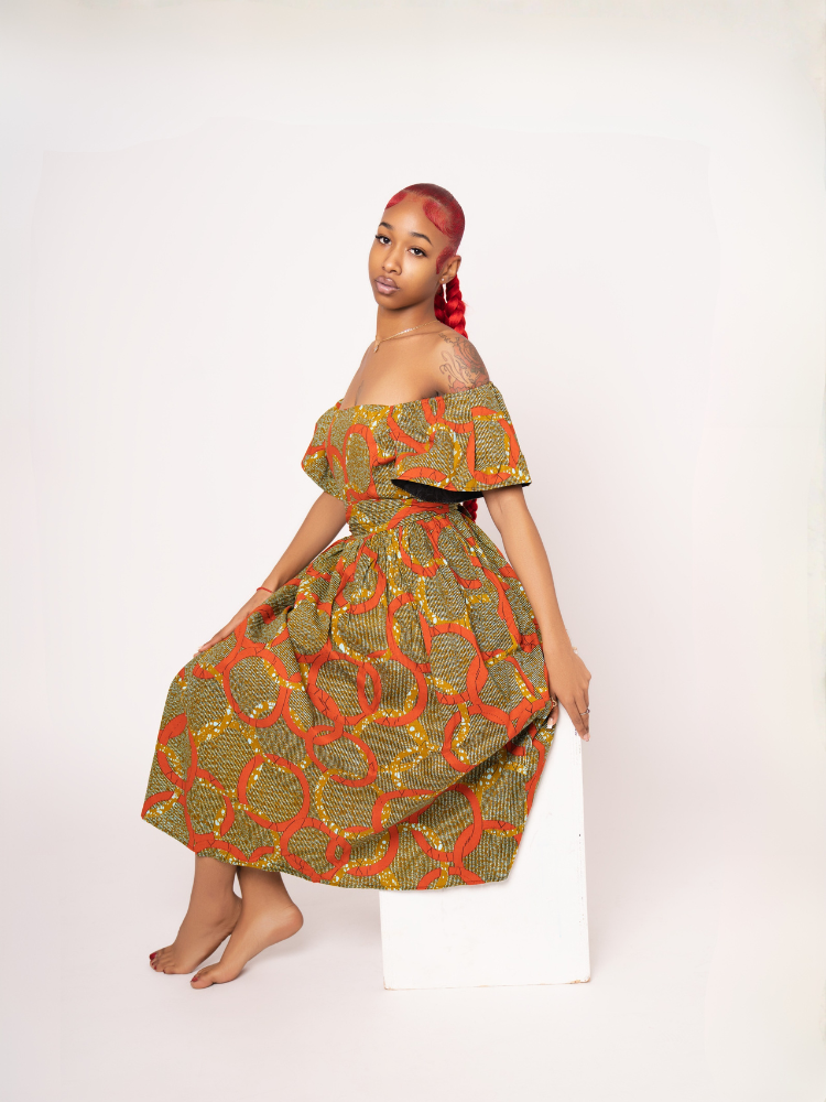 Amara Ankara Print Midi Dress - Orange Gold