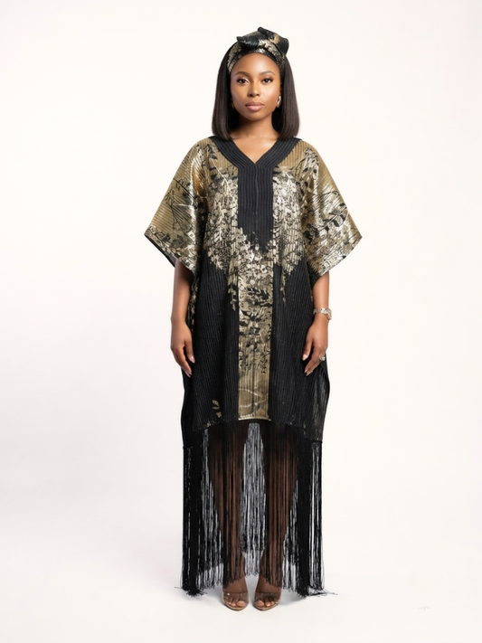 Adanna Tassel Bubu with Headwrap | Black & Gold