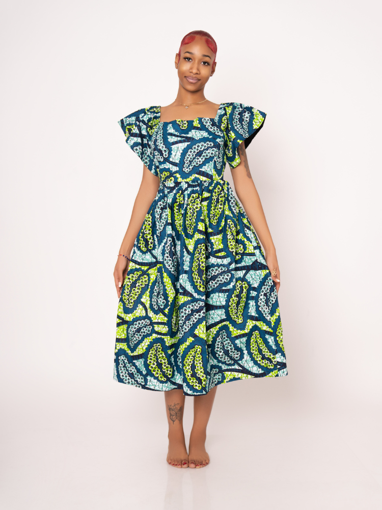 Amara Ankara Print Midi Dress - Teal Green