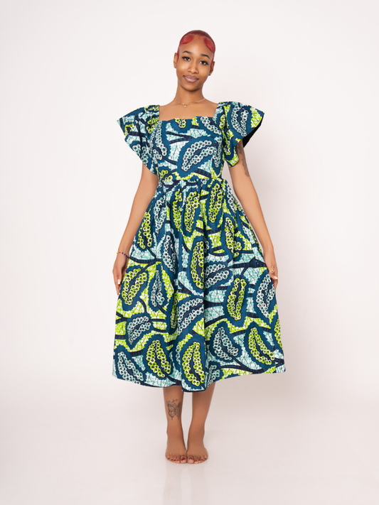 Amara Ankara Print Midi Dress - Teal Green
