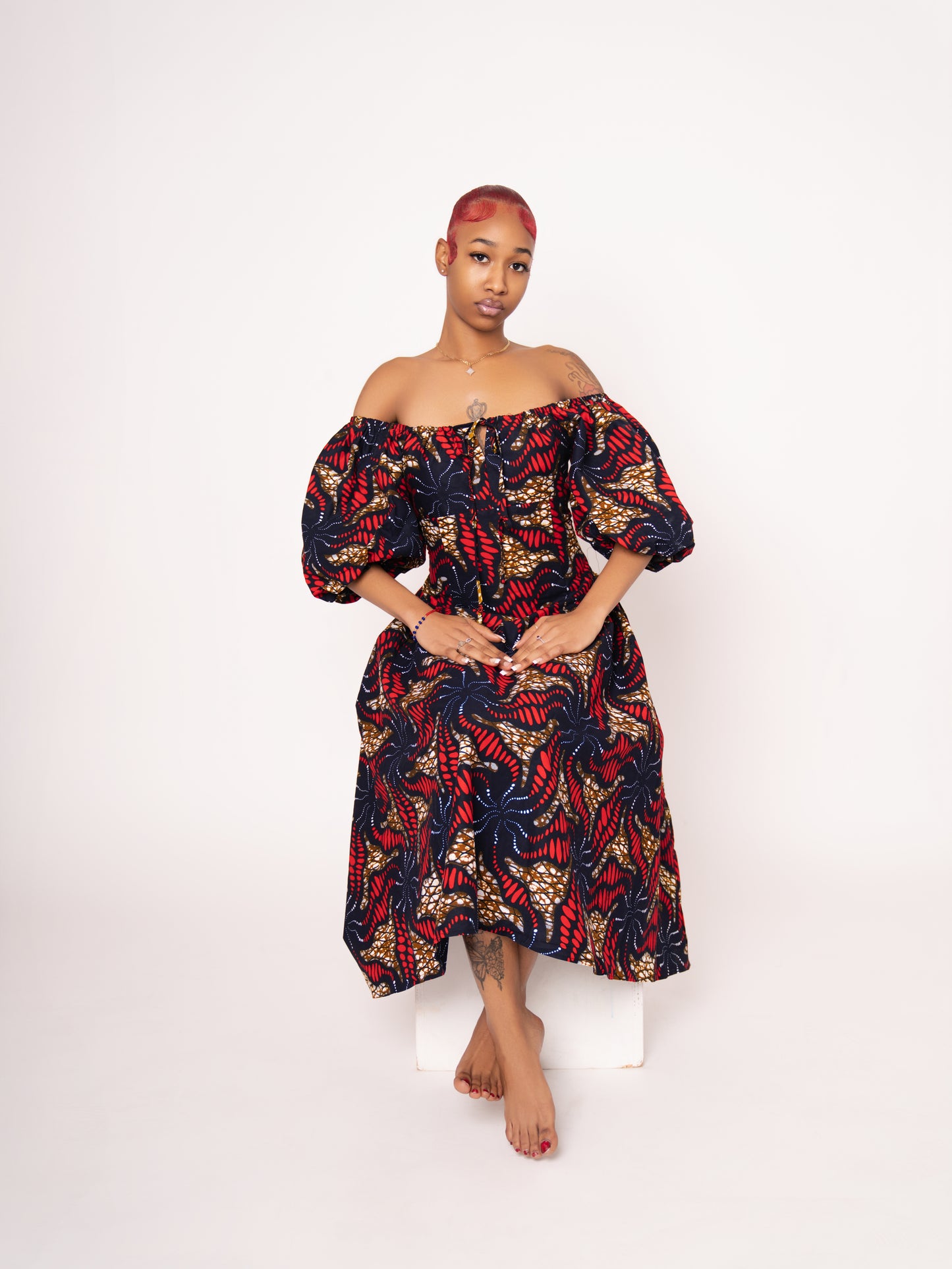 Sade Ankara Print Midi Dress - Red Brown Black