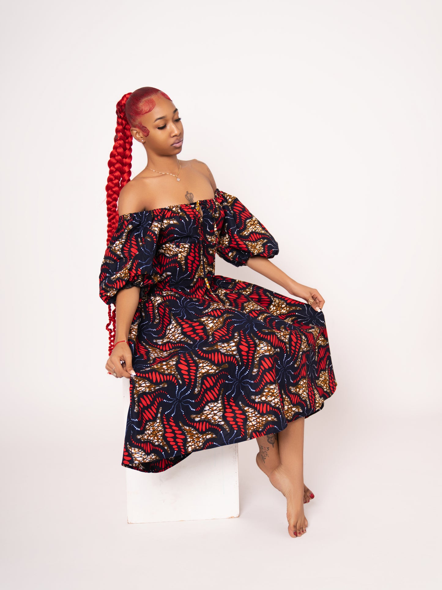 Sade Ankara Print Midi Dress - Red Brown Black