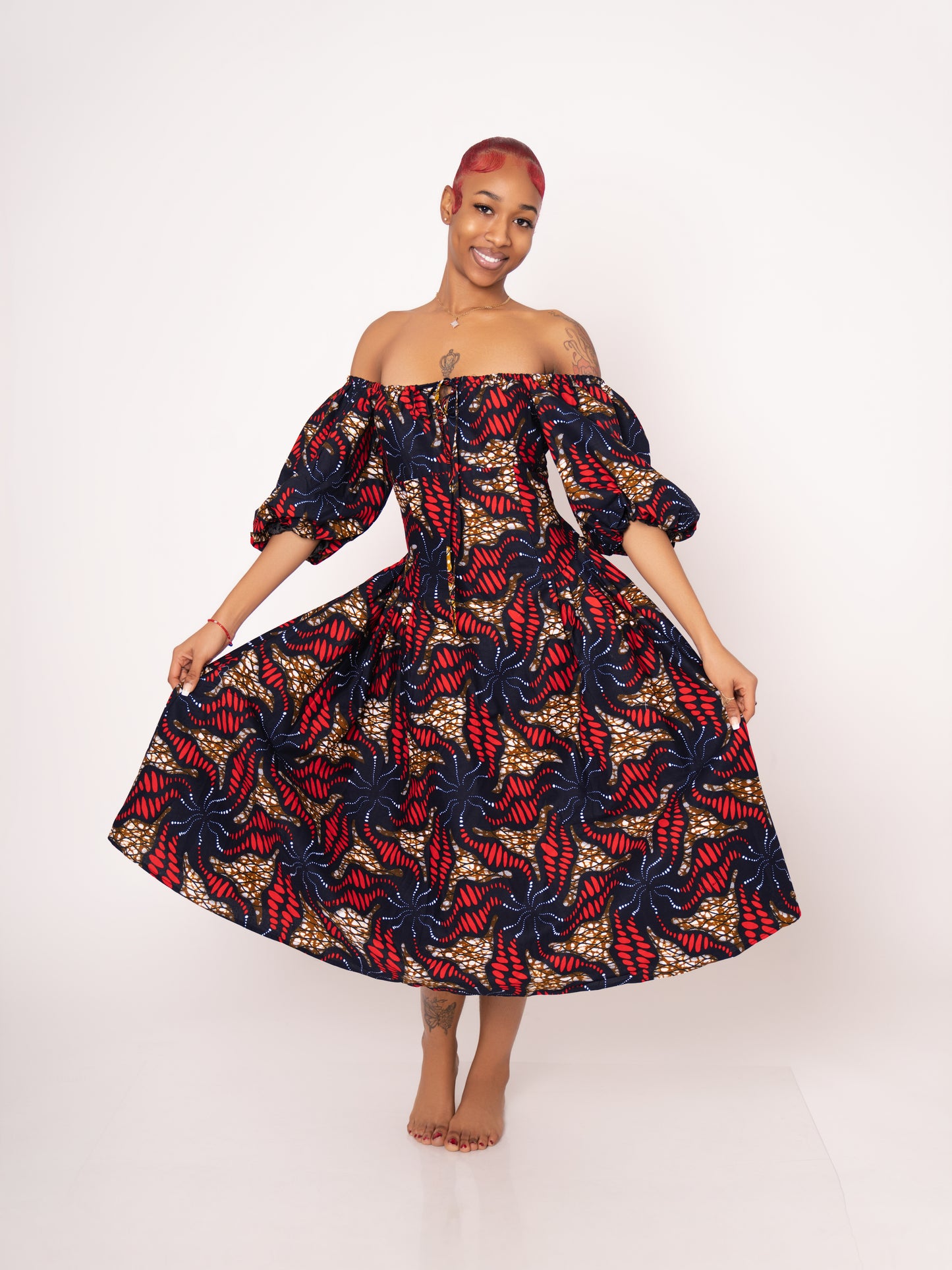 Sade Ankara Print Midi Dress - Red Brown Black