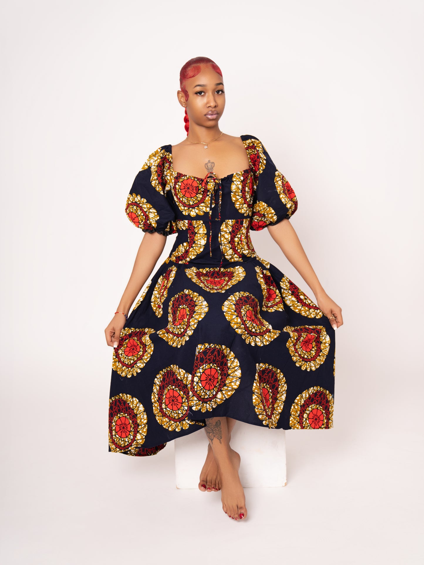 Sade Ankara Print Midi Dress - Black Gold Red