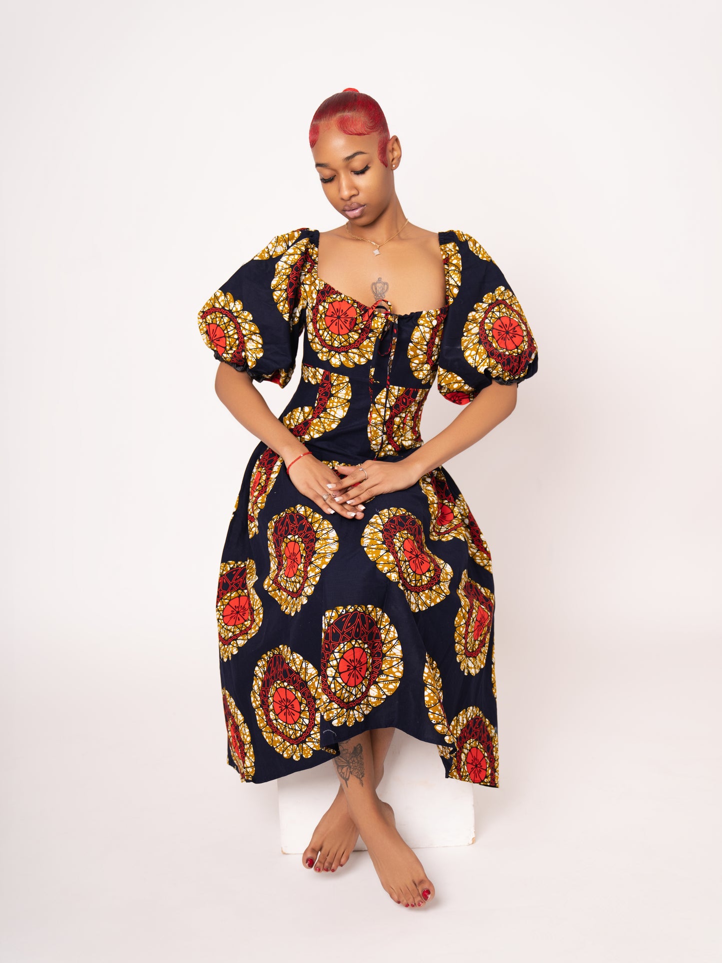 Sade Ankara Print Midi Dress - Black Gold Red