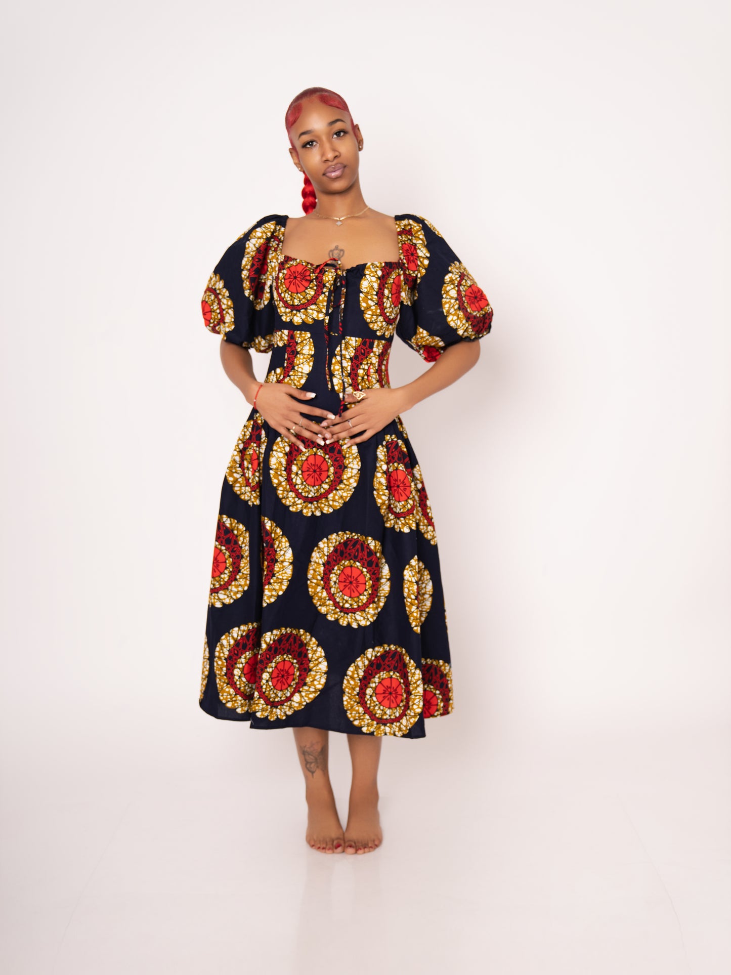 Sade Ankara Print Midi Dress - Black Gold Red