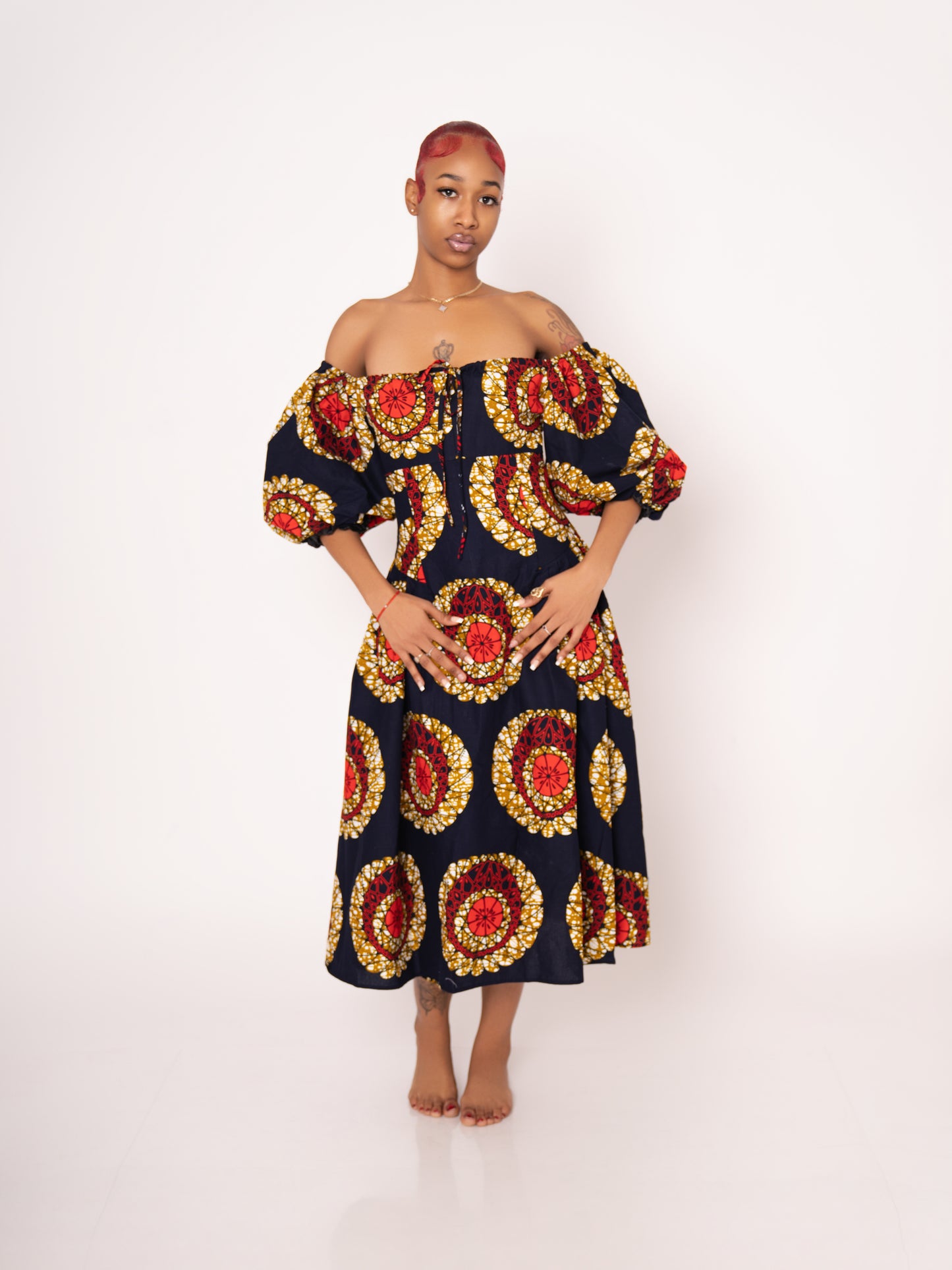 Sade Ankara Print Midi Dress - Black Gold Red