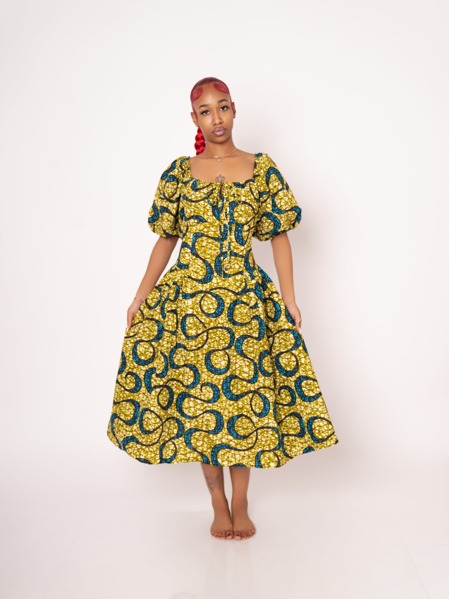Sade Ankara Print Midi Dress - Yellow Green OJUAMI Sade Ankara Print Midi Dress - Yellow Green OJUAMI