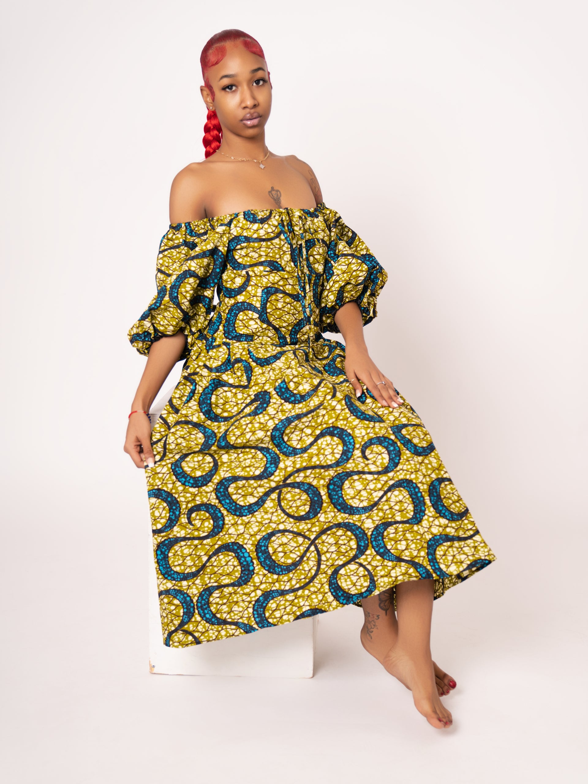 Sade Ankara Print Midi Dress - Yellow Green  OJUAMI