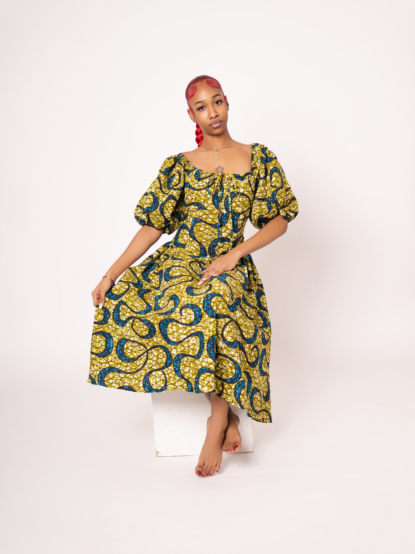 Sade Ankara Print Midi Dress - Yellow Green