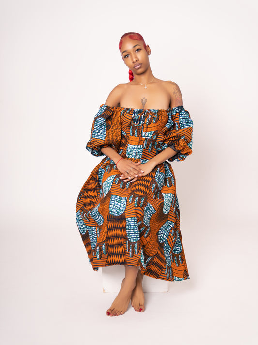 Sade Ankara Print Midi Dress - Brown Light Blue