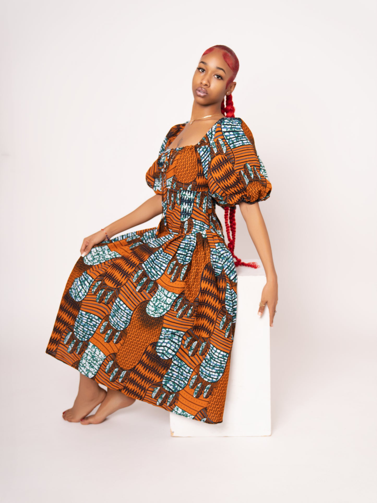 Sade Ankara Print Midi Dress - Brown Light Blue
