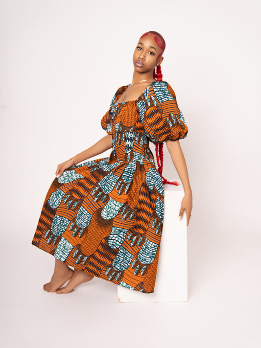 Sade Ankara Print Midi Dress - Brown Light Blue