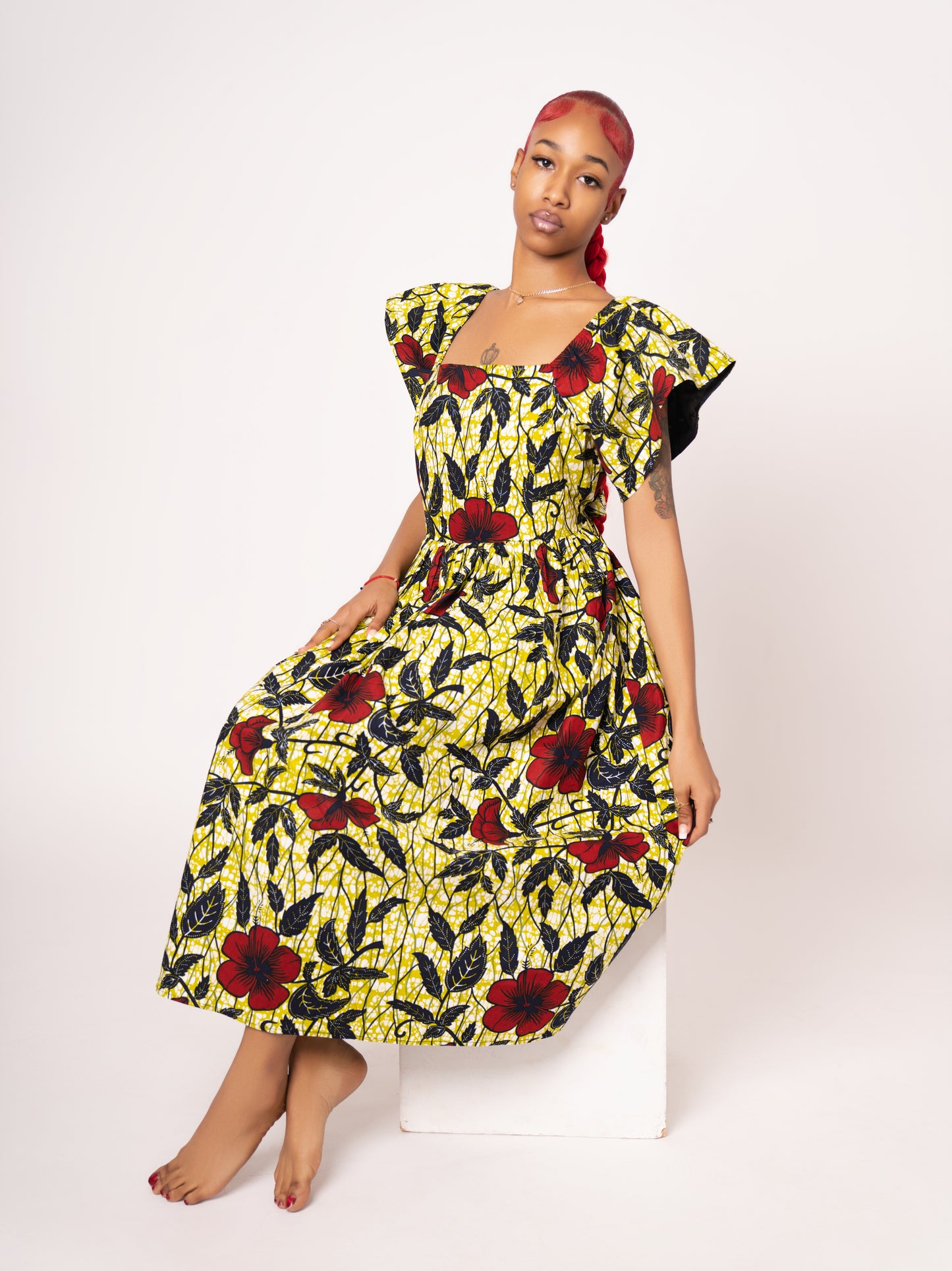 Amara Ankara Print Midi Dress - Yellow Red