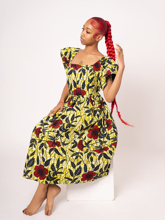 Amara Ankara Print Midi Dress - Yellow Red
