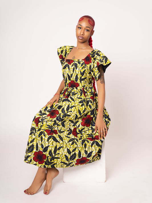 Amara Ankara Print Midi Dress - Yellow Red