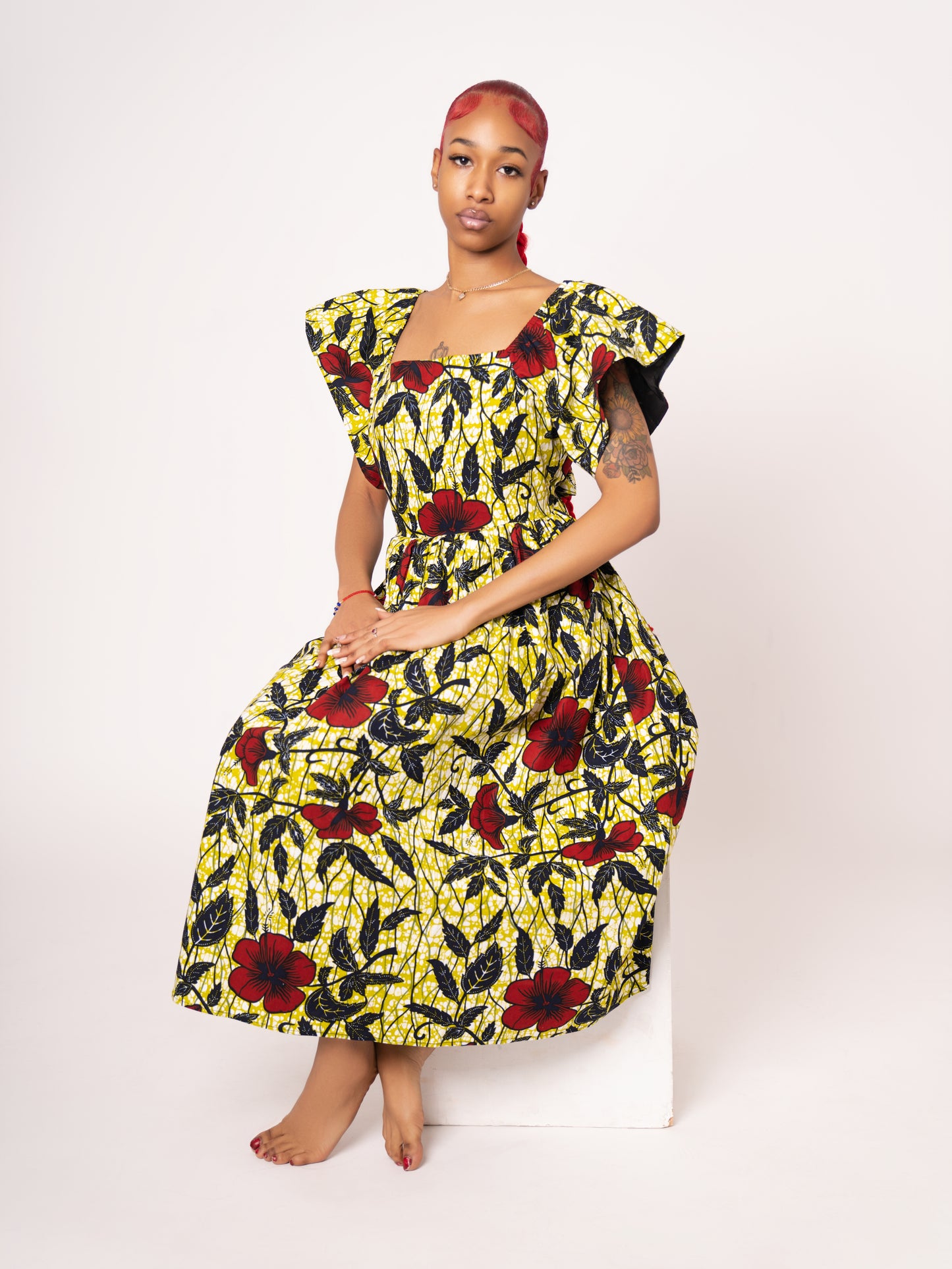 Amara Ankara Print Midi Dress - Yellow Red