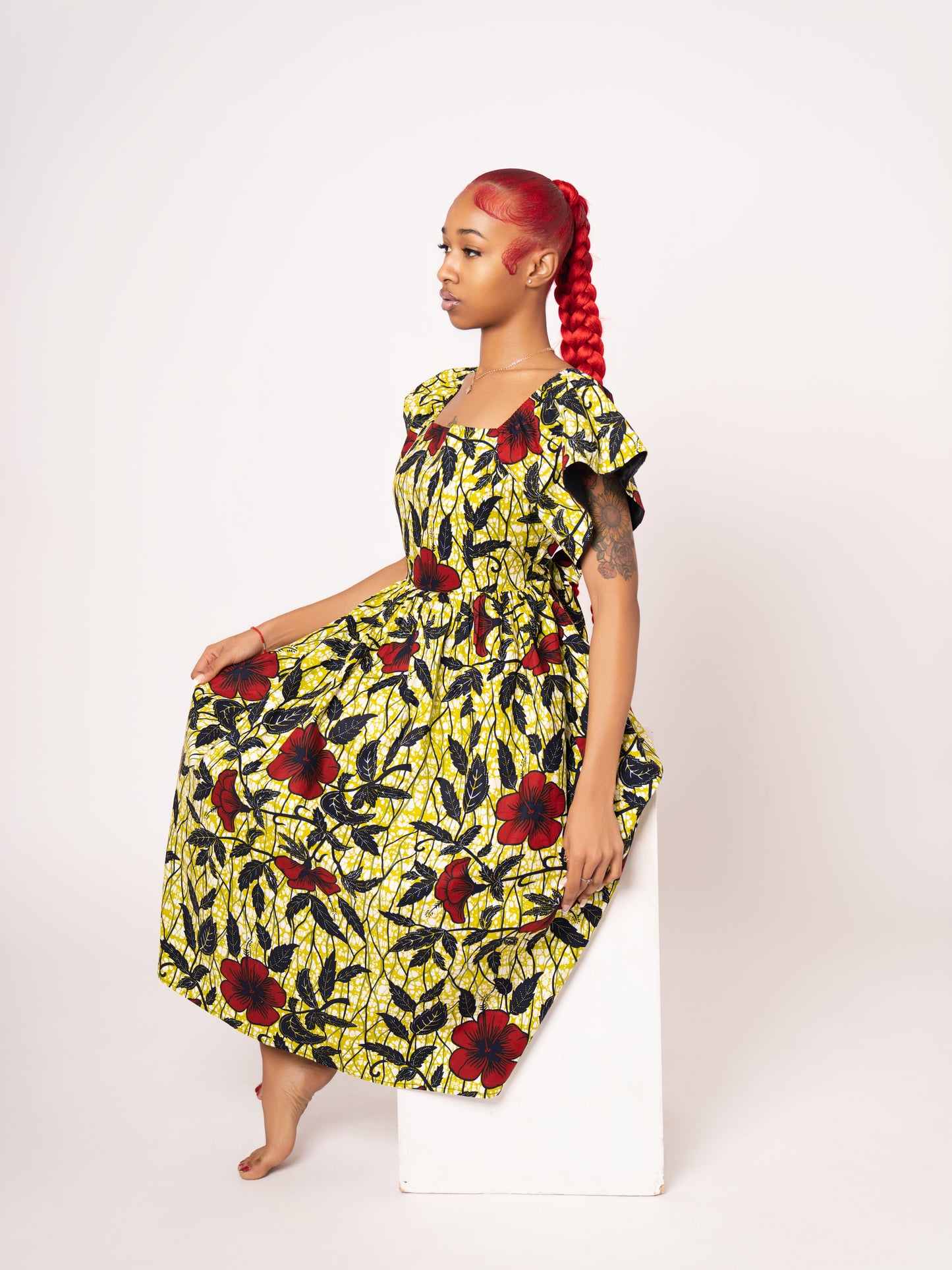 Amara Ankara Print Midi Dress - Yellow Red