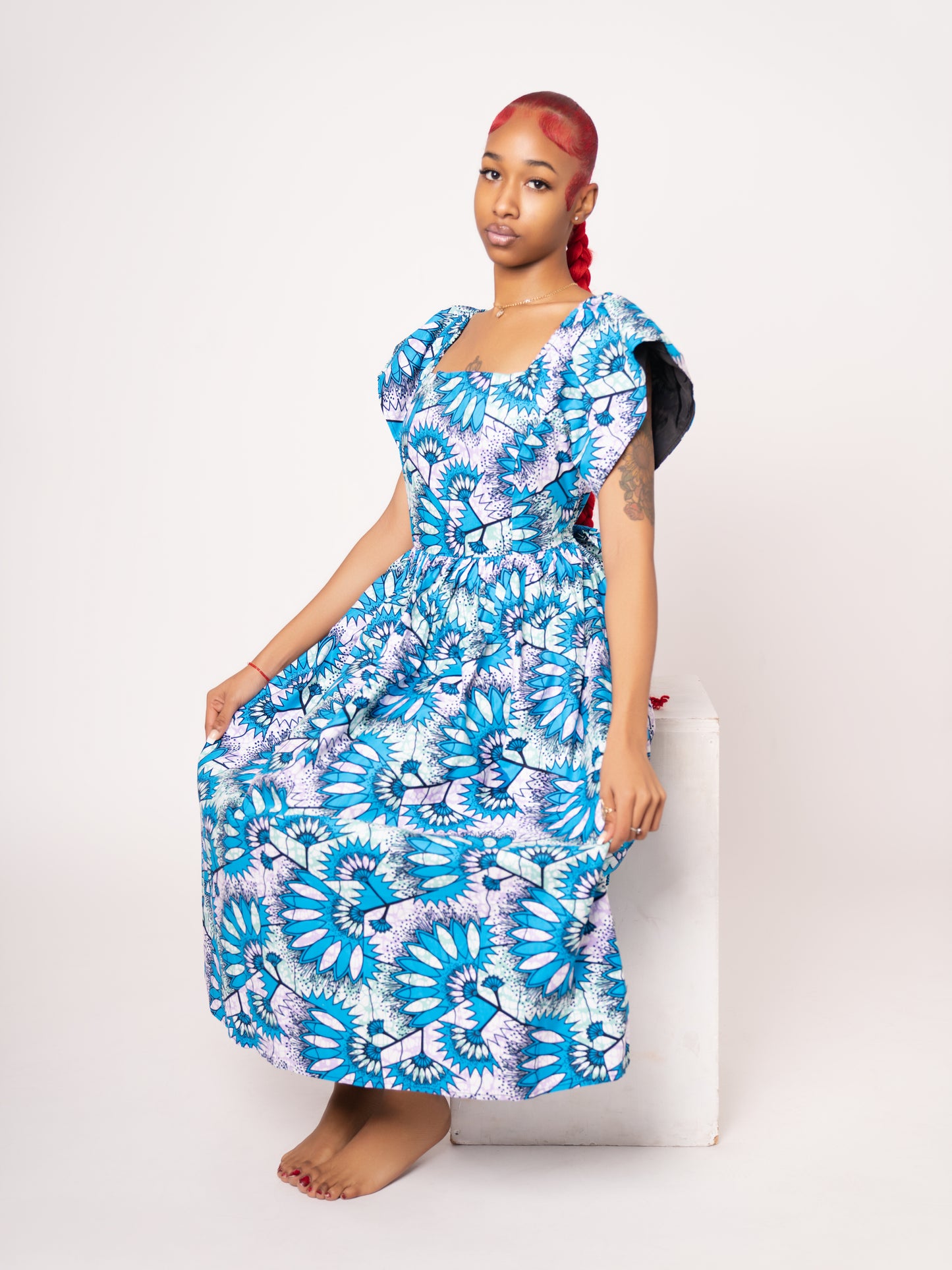 Amara Ankara Print Midi Dress - Light Blue