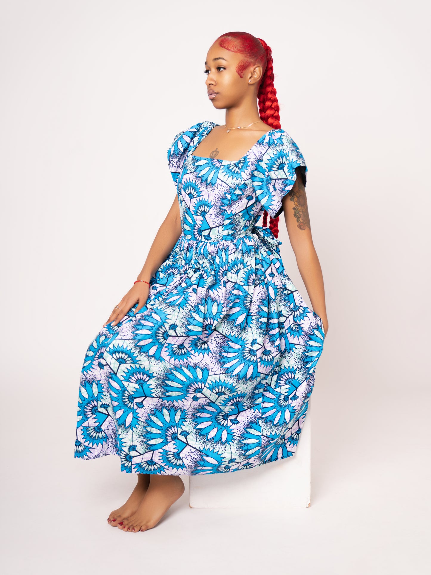 Amara Ankara Print Midi Dress - Light Blue