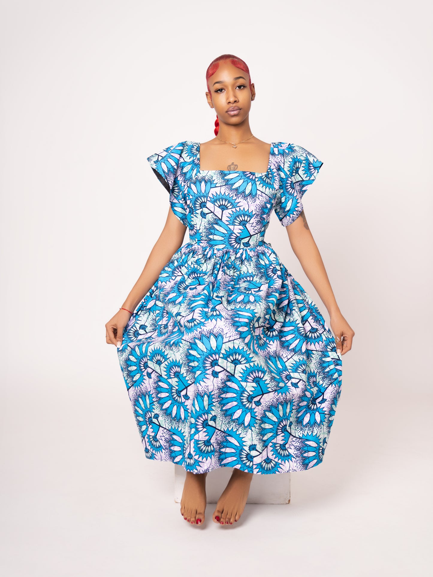 Amara Ankara Print Midi Dress - Light Blue
