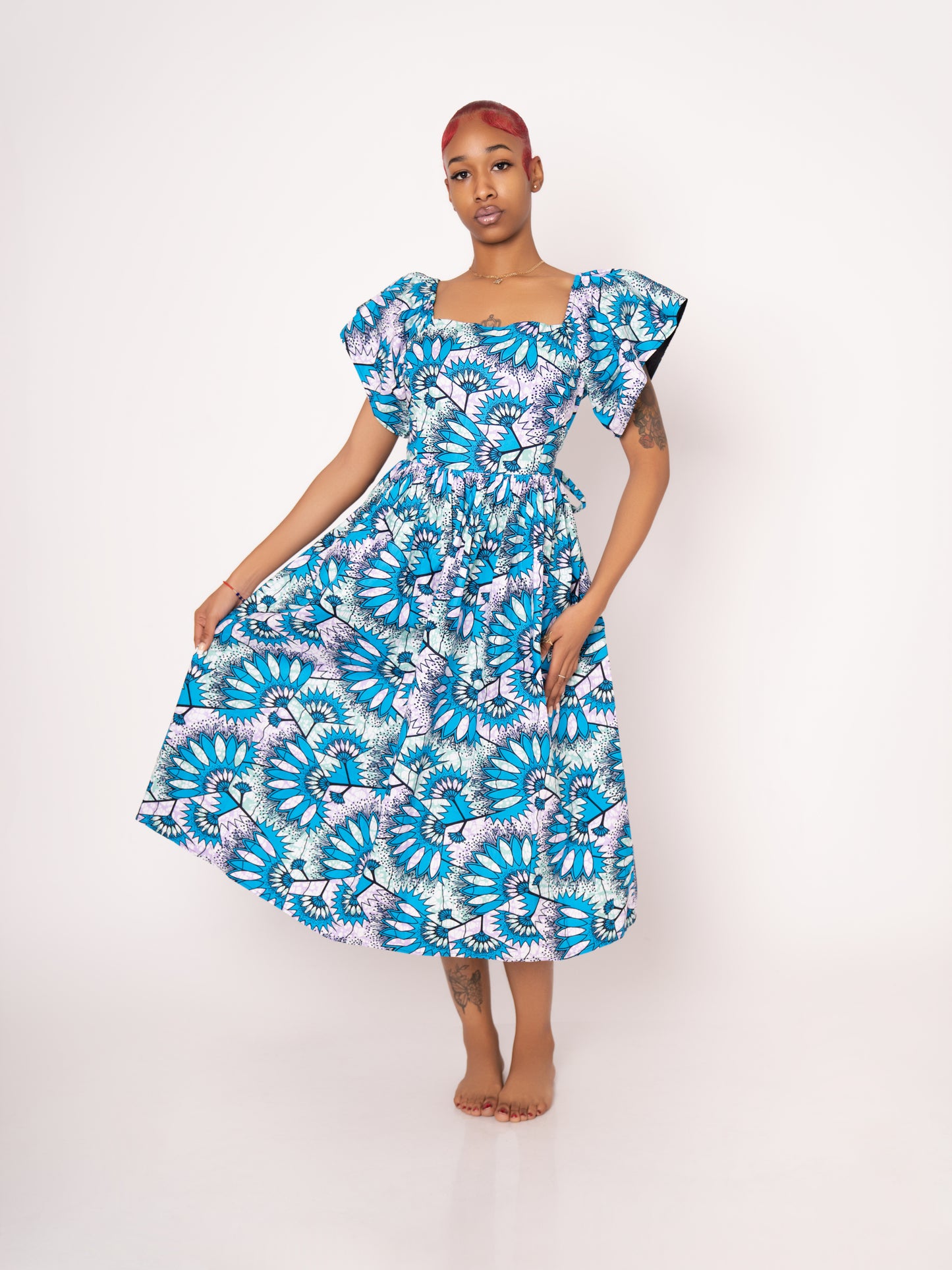 Amara Ankara Print Midi Dress - Light Blue