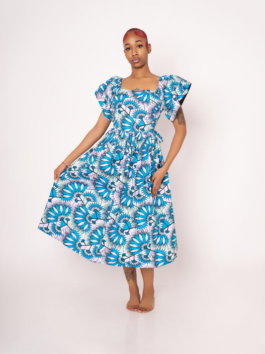 Amara Ankara Print Midi Dress - Light Blue