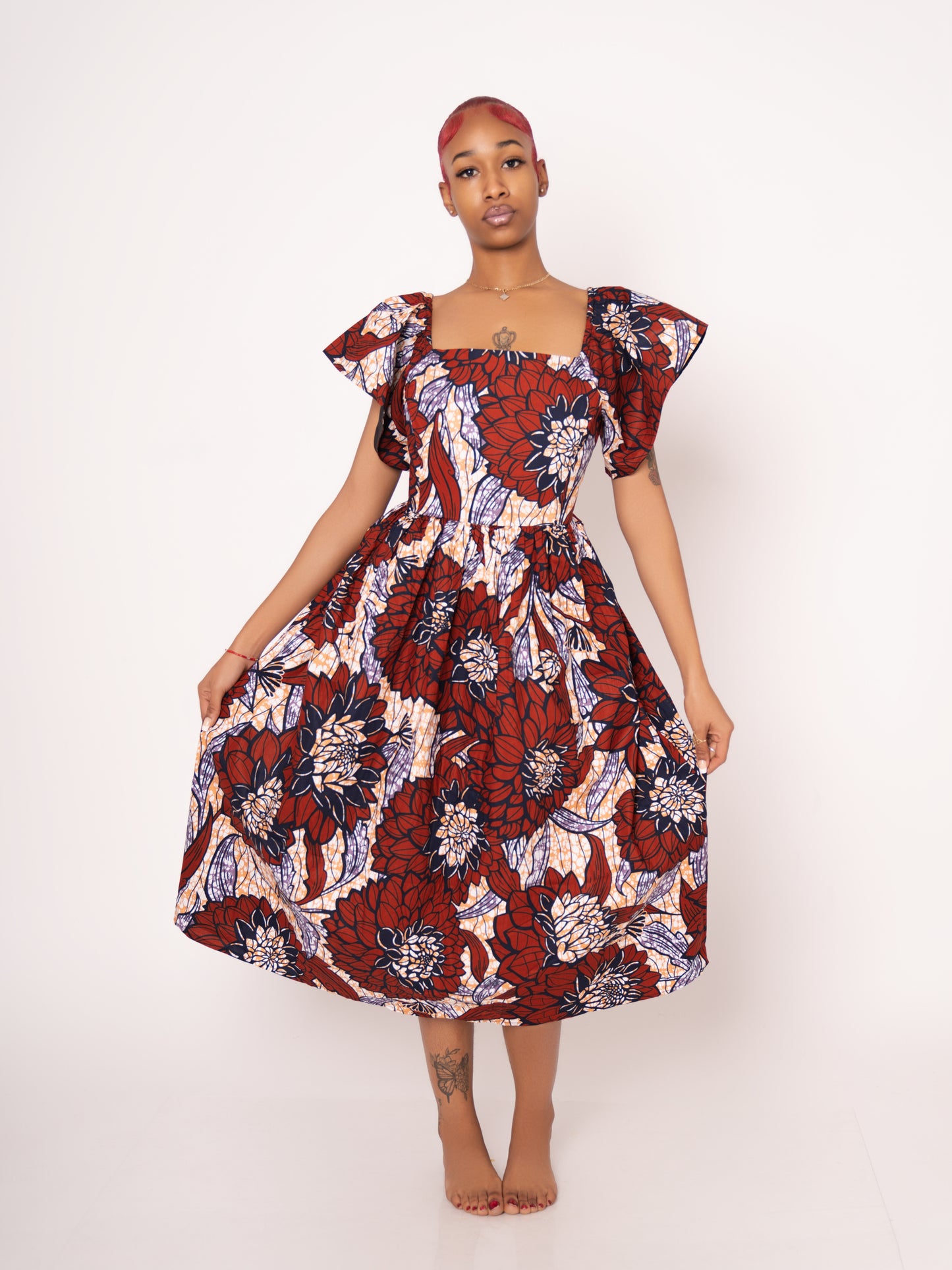 Amara Ankara Print Midi Dress - Burgundy