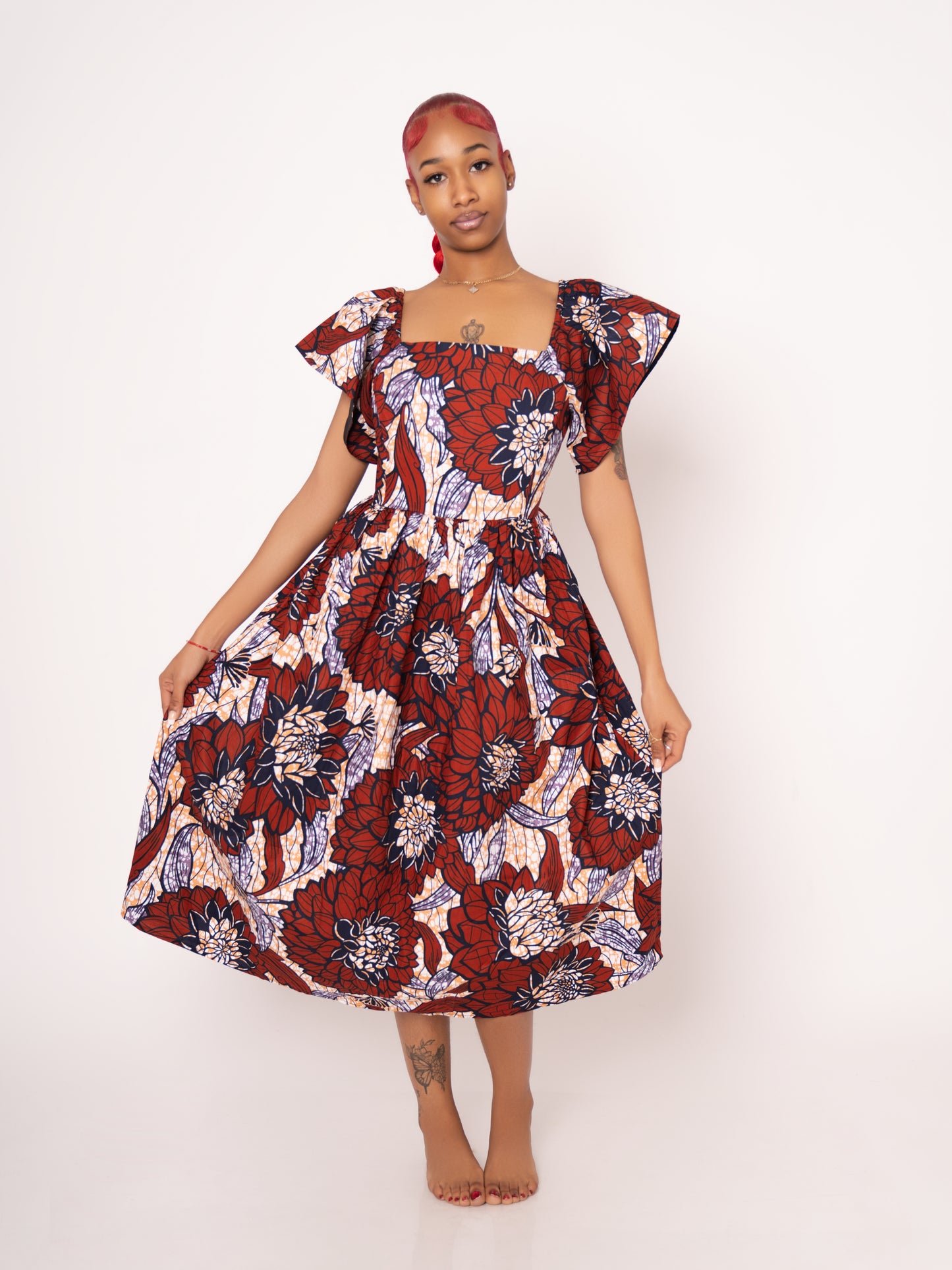 Amara Ankara Print Midi Dress - Burgundy