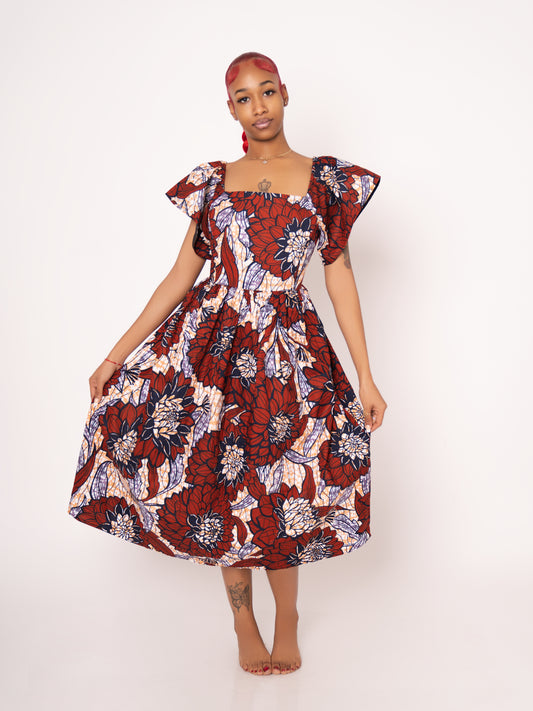 Amara Ankara Print Midi Dress - Burgundy