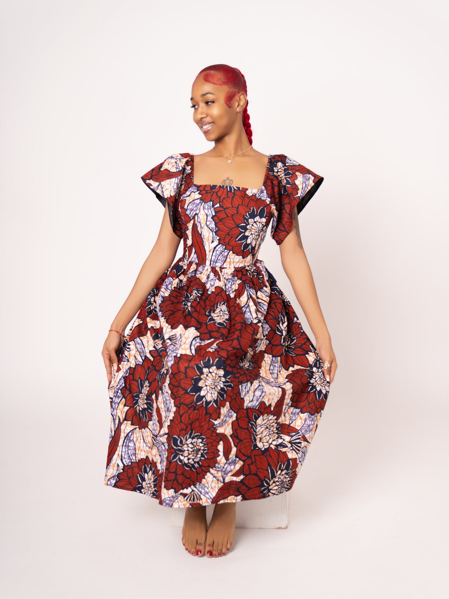 Amara Ankara Print Midi Dress - Burgundy