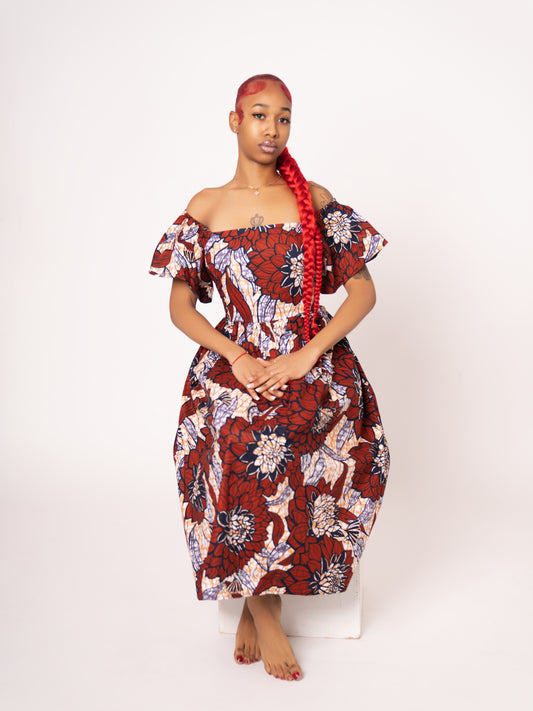 Amara Ankara Print Midi Dress - Burgundy