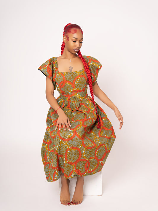 Amara Ankara Print Midi Dress - Orange Gold