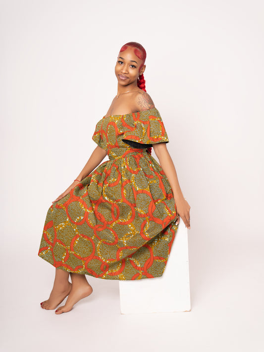 Amara Ankara Print Midi Dress - Orange Gold