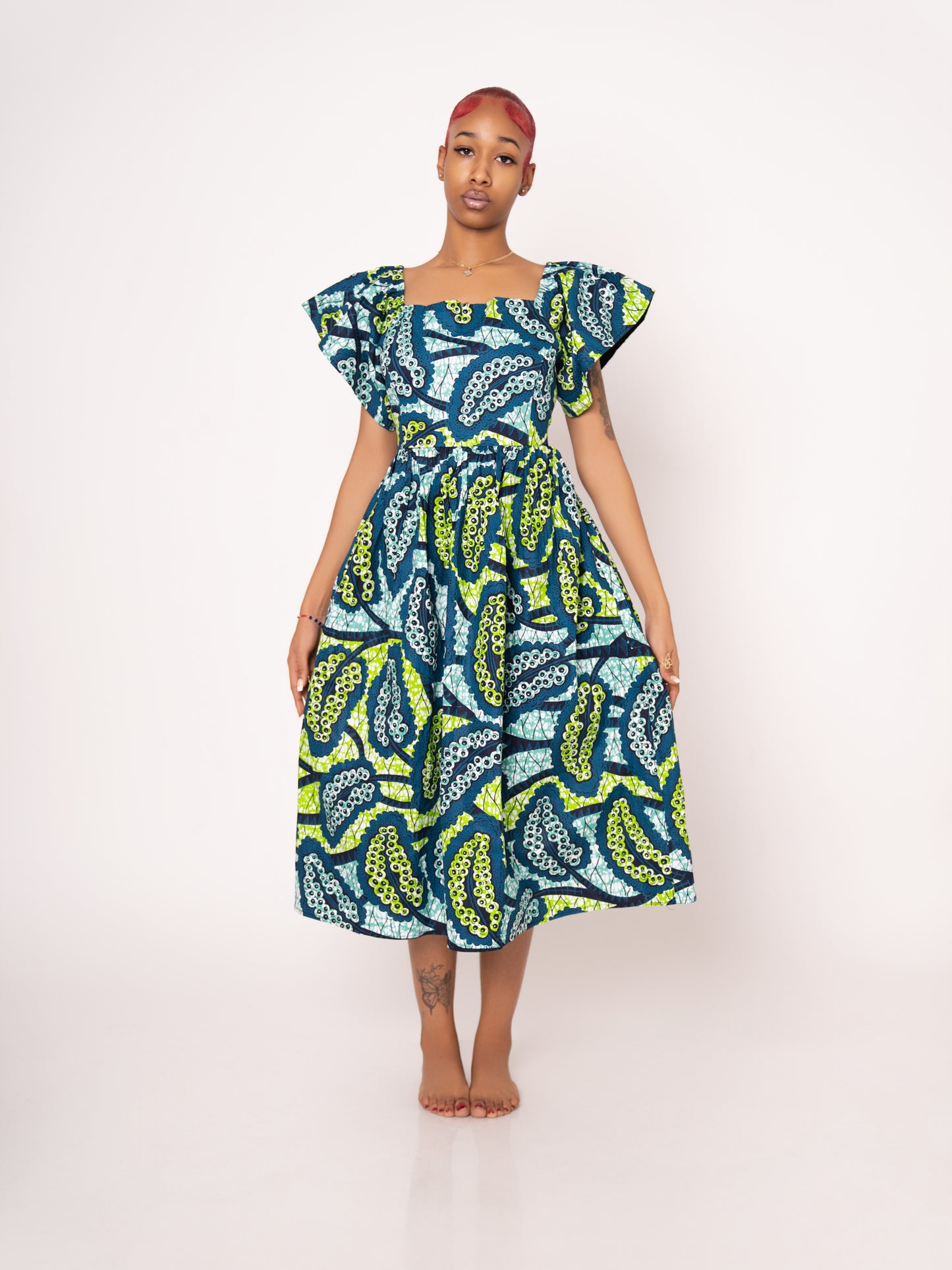 Amara Ankara Print Midi Dress - Teal Green
