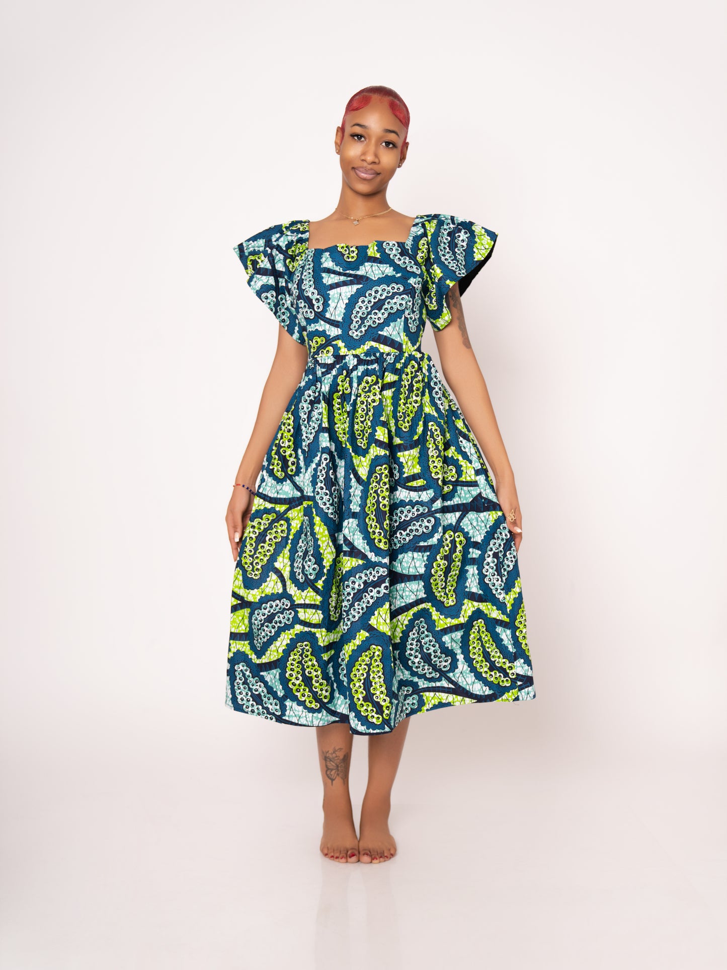 Amara Ankara Print Midi Dress - Teal Green